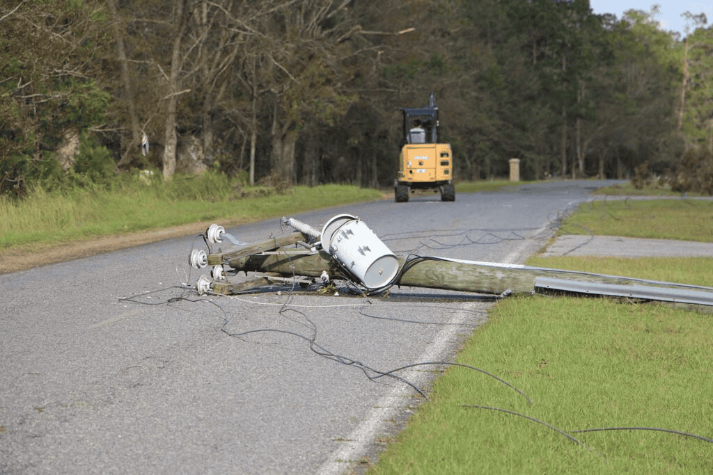 Damaged utility infrastructure after Hurricane Helene in Georgia
