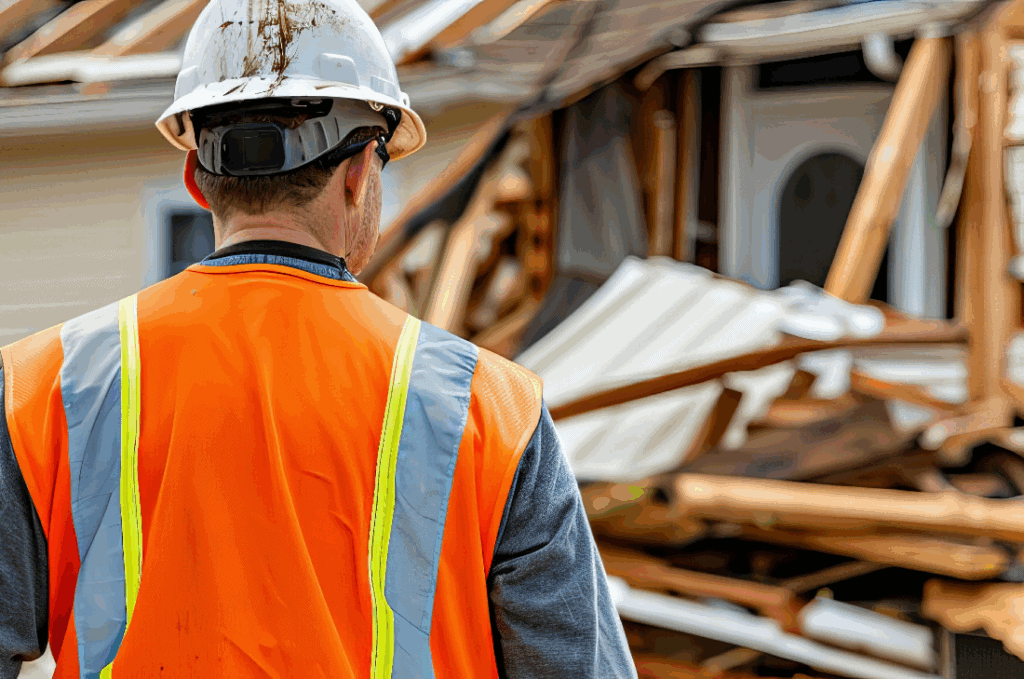 Storm response examining and removing debris after severe weather event