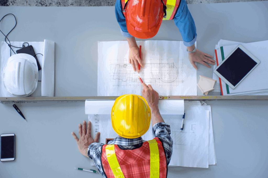 Engineers reviewing blueprints
