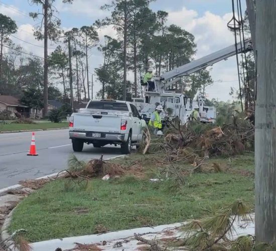 Storm debris removal along roadway after severe weather event