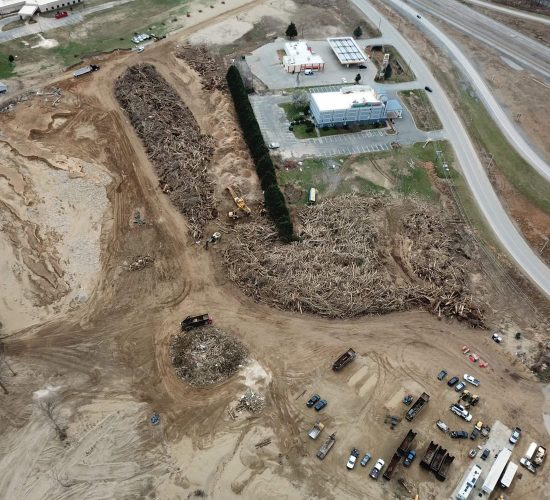 Arial view of storm debris and recovery efforts after severe weather event