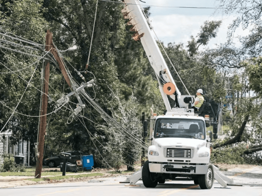 Damaged utility infrastructure after Hurricane Helene in Georgia