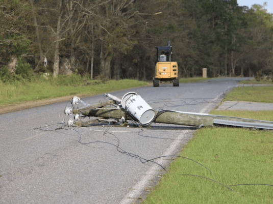 Damaged utility infrastructure after Hurricane Helene in Georgia