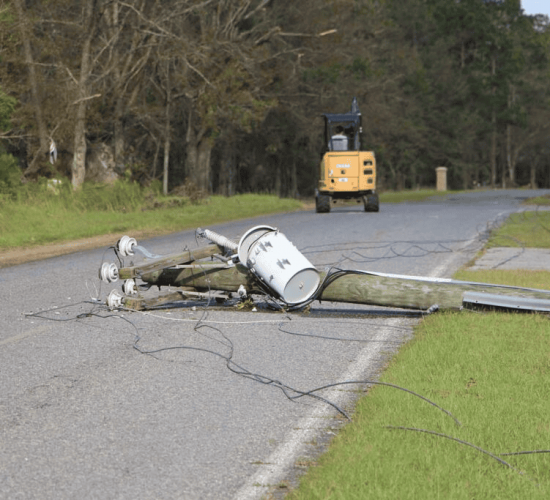 Damaged utility infrastructure after Hurricane Helene in Georgia