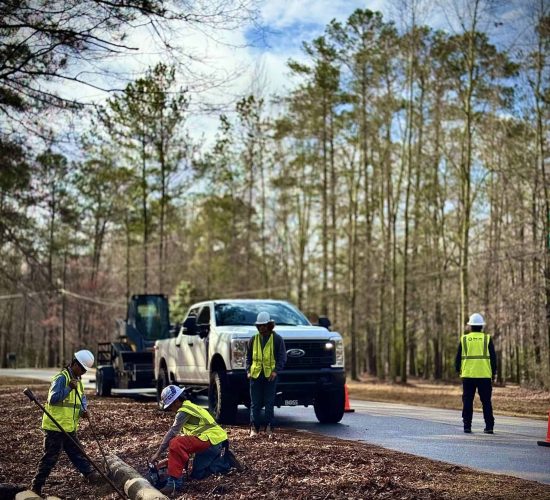 Storm debris and damaged utility infrastructure after Hurricane Helene in Georgia