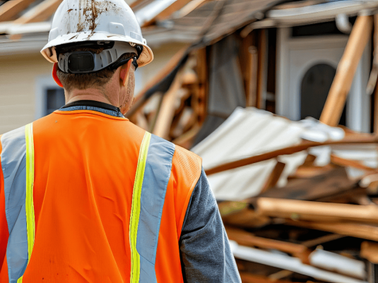 Storm response examining and removing debris after severe weather event