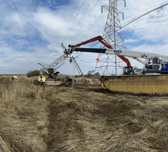 Storm-damaged utility poles and wires after storm